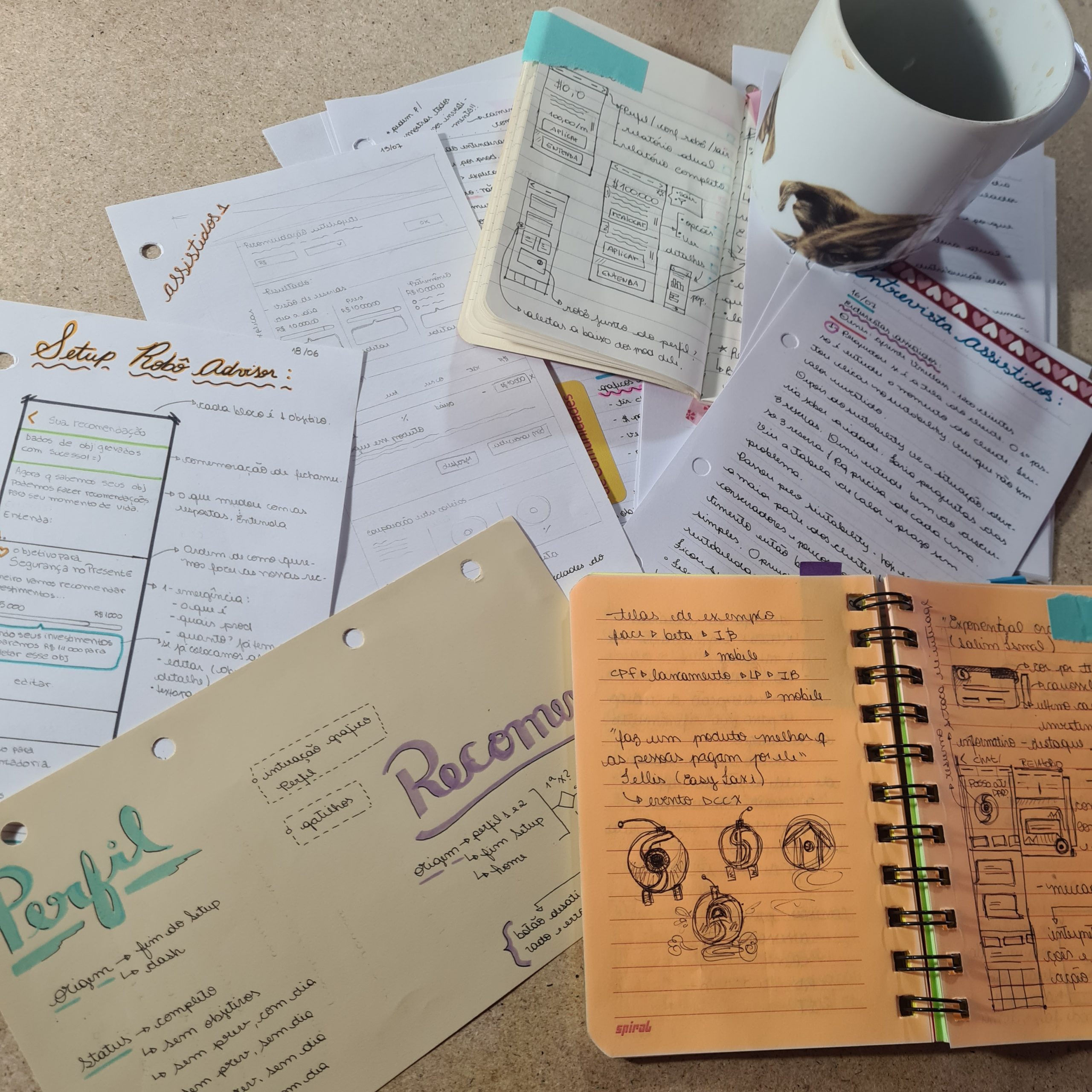 papers with draws and notes